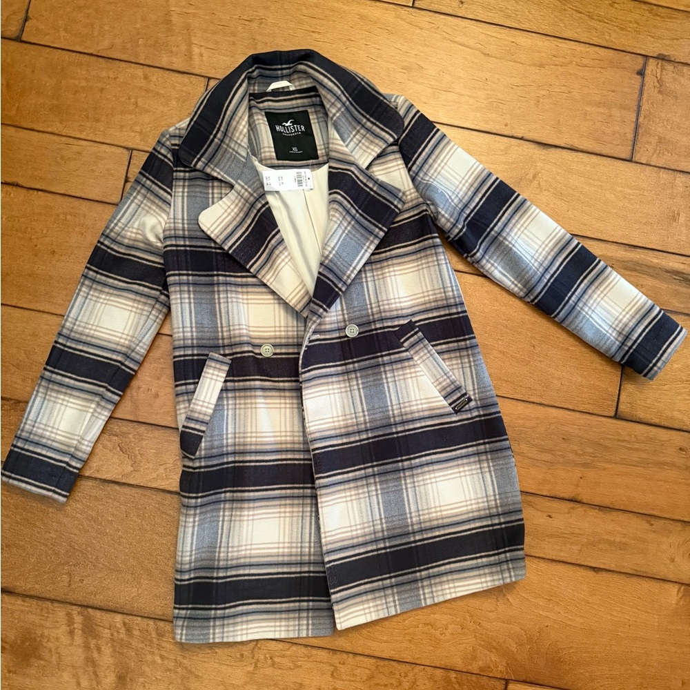 Hollister Blue and Cream Plaid Trench Coat